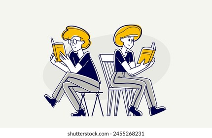 Reading book vector outline illustration, education self-education or rest relaxing read fiction literature.
