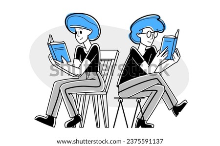 Reading book vector outline illustration, education self-education or rest relaxing read fiction literature.