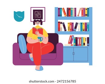 Reading a book while drinking a glass of water on the library sofa, vector illustration.