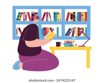 Reading a book while listening to music comfortably in the library, vector illustration.