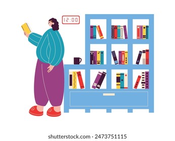 Reading a book while standing next to a library bookshelf during free time, vector illustration.