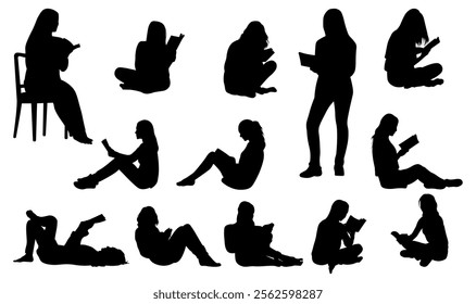 Reading book woman silhouettes set