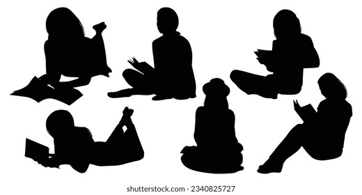 Reading Book Woman Silhouettes Vector illustration