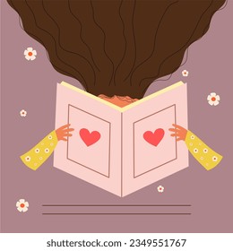 Reading book. Young women with long hair is open a huge book and enjoy it. Flat illustration, education concept.