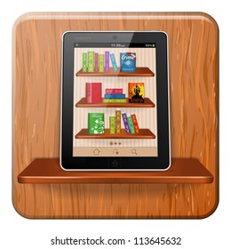 Reading Books Application on Tablet Computer on Bookshelf, vector illustration