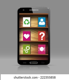 Reading Books Application on Tablet Computer on Bookshelf, vector illustration