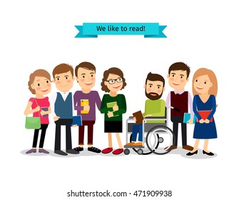 Reading books club. Vector people readers with disabled isolated on white background