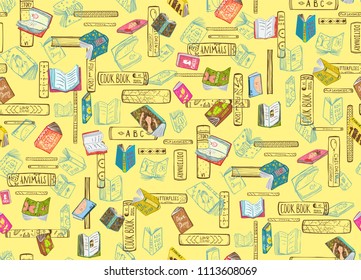 Reading Books Colorful Seamless Pattern Background. Bookstore or library seamless pattern background. Vector design.