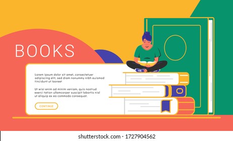 Reading books concept banner. Flat vector illustration of cute smiling woman sitting alone on some books and reading. Creative outlined library banner design for education and courses with copy space 