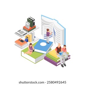 Reading books concept. Children read book, study and education. Hobby for adults and kids, man and girl readers. Library and school vector scene