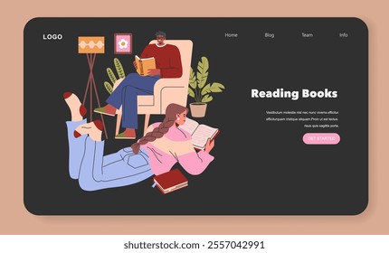 Reading Books concept. Cozy home atmosphere with individuals immersed in literature. Comfortable relaxation, indoor plants, and leisure time. Vector illustration.