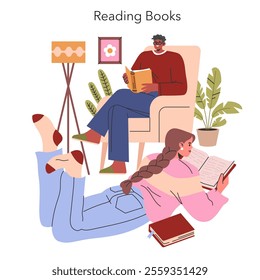 Reading Books concept. Cozy home atmosphere with two people absorbed in reading. Indoor relaxation, leisure activity, and literary enjoyment. Vector illustration.