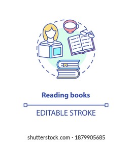 Reading Books Concept Icon. Christmas Holiday Idea Thin Line Illustration. Indoor Pastime. Hobby For Stress Relief. Tea And Book. Vector Isolated Outline RGB Color Drawing. Editable Stroke