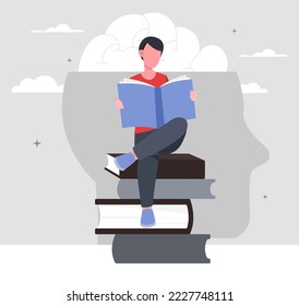 Reading books concept. Literature and education, useful hobby. Selfdevelopment and learning, student doing homework. Character preparing for test or examination. Cartoon flat vector illustration