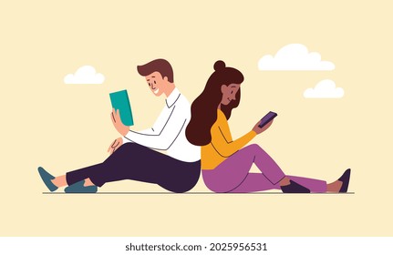 Reading books concept. Man and woman sit together and read literature online and offline. Students study material in book and on phone. Cartoon flat vector illustration isolated on beige background