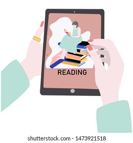 Reading books concept on a screen of a tablet.  Vector illustration