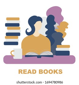 Reading books concept, stylish vector with a gradient. Girl sits, reading a book. Stay home coronavirus concept 
