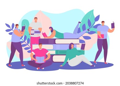 Reading books concept, vector illustration, flat man woman character study school knowledge for education, people student learn at literature object.