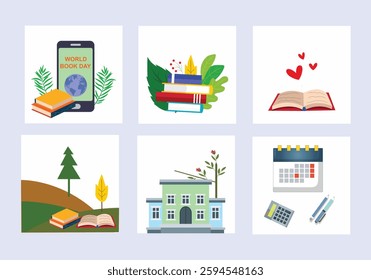 Reading books concept. World book day graphic mobile, school, globe, hill, love. Elegant Educational Vector illustration, Doodle books colourful set.