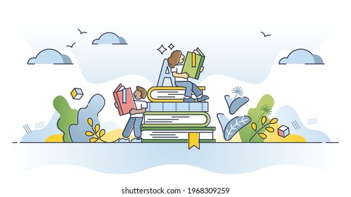 Reading books and course learning from library literature outline concept. Academic study and cognition process vector illustration. Personal knowledge and wisdom development at school or university.