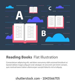 Reading books, creative concept, children illustration, learning grammar, learning to read