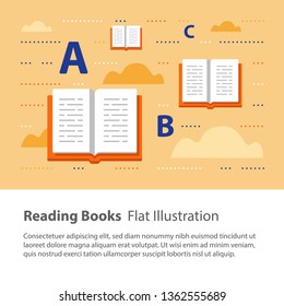 Reading books, creative concept, children illustration, learning grammar, learning to read