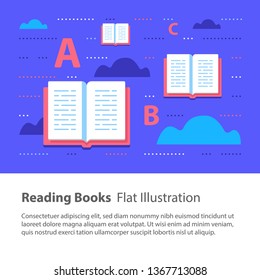 Reading books, creative concept, children illustration, learning grammar, learning to read