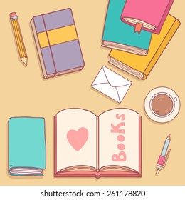 Reading books desktop concept with space for your text, vector illustration