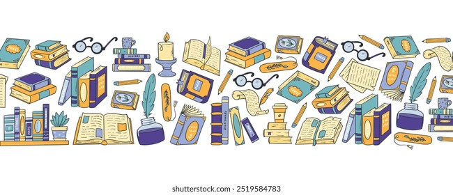 Reading, books doodles horizontal banner for prints, cards, social media decor, templates. World book day, library, education theme. EPS 10