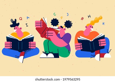 Reading books, education, creative ideas concept. Young smiling teens cartoon characters sitting reading big book learning letters feeling curious vector illustration 