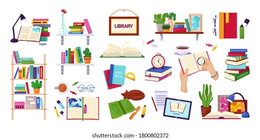 Reading books, education and library concept, set of isolated on white vector illustrations. Encyclopedia, textbook icons, stack of books, hands with notebook. Study and knowledge.