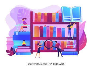 Reading books, encyclopedias. Students studying, learning. Public library events, free tutoring and workshops, library homework help concept. Bright vibrant violet vector isolated illustration