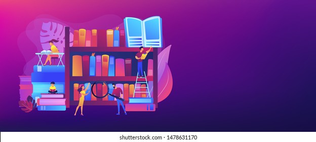 Reading books, encyclopedias. Students studying, learning. Public library events, free tutoring and workshops, library homework help concept. Header or footer banner template with copy space.