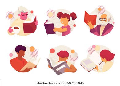 Reading books family characters. Vector pack of modern flat and simple faceless smiling family reading books. 