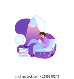 Reading books flat style illustration, person reading a book on interior background, concept for application. On a white background