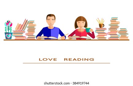 reading books in flat style. Set of elements. Girl and boy reading book at the table and drinking coffee. At the lessons at school. Student Preparation for Exams or tests. Study and education concept.