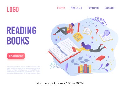 Reading books flat vector landing page template. Cartoon readers immersed in fantasy world metaphor. Learning, knowledge acquisition idea. Bookshop promotional website page design layout.