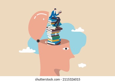 Reading books to gain knowledge, intelligence and thinking skill, lifelong learning, research and study for personal growth concept, calm young adult reading book on books stack growth from his head.