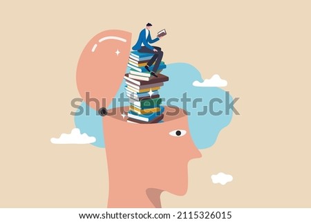 Reading books to gain knowledge, intelligence and thinking skill, lifelong learning, research and study for personal growth concept, calm learner man reading book on books stack growth from his head.