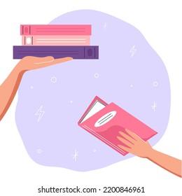 Reading books. Hands giving books. Concept of books lovers, education, reading, development, library. Vector flat illustration.