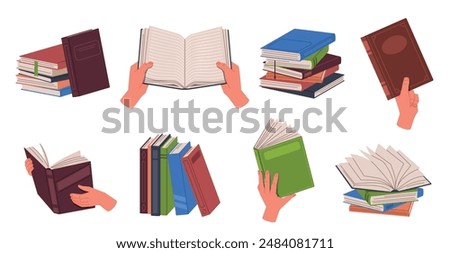 Reading books. Hands hold books, dictionaries and encyclopedias, planners and notebook, stacks and rows of literature, education process, nowaday vector cartoon flat isolated illustration set