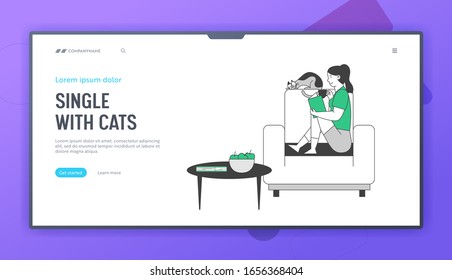 Reading Books Hobby Website Landing Page. Young Woman Sitting on Cozy Armchair at Home Read Interesting Book with Cat Sleeping beside World Web Page Banner. Cartoon Flat Vector Illustration Linear