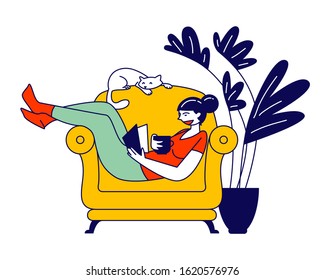 Reading Books Hobby. Young Woman Sitting on Cozy Armchair at Home Read Interesting Book with Cat Sleeping beside. Reader Deep Immersion to Fantasy World. Cartoon Flat Vector Illustration, Line Art