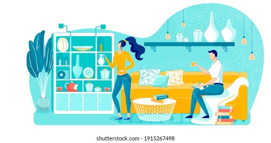 Reading Books at Home in Comfortable Setting. Young Couple Spend Weekend at Home. Room very Comfortably Furnished, many Small Details. Girl Held out her Hand to Vase while Guy Telling her Something.