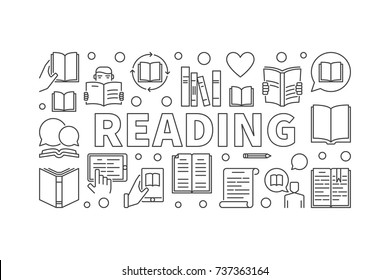 Reading books horizontal banner or illustration in thin line style on white background