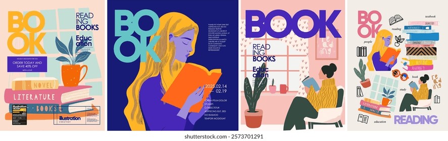 Reading Books Illustration Set. Set of vector illustrations young people reading books. Vibrant, modern design for poster, banner, and advertising.