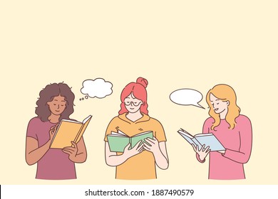 Reading books and interesting leisure recreation concept. Three young women in casual clothing cartoon characters standing reading books and smiling vector illustration 