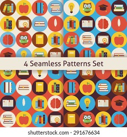 Reading Books and Knowledge Patterns Set with Colorful Circles. Flat Style Vector 4 Seamless Texture Backgrounds. Back to School. Collection of Science and Education Templates.