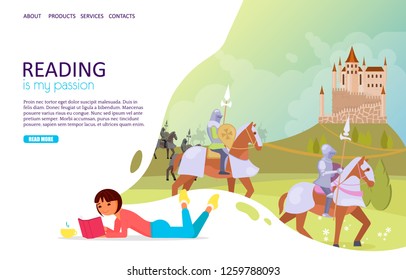 Reading books landing page website template. Vector illustration of cute girl reading book about medieval age knights, castles. Reading is my passion lettering. Education concept.