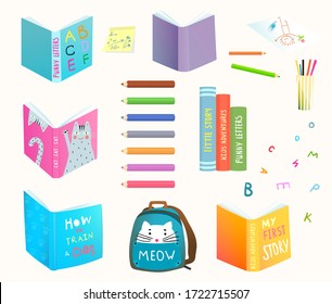 Reading books and library collection of isolated watercolor clip art objects. Books, color pencil, note, backpack and funny letters. Vector cartoon illustration.